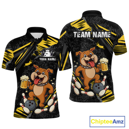 Front and back view custom black yellow bulldog bowling polo shirt featuring a playful cartoon mascot, bowling ball, beer mug and yellow paint splash pattern, displaying Your Name and Team Name