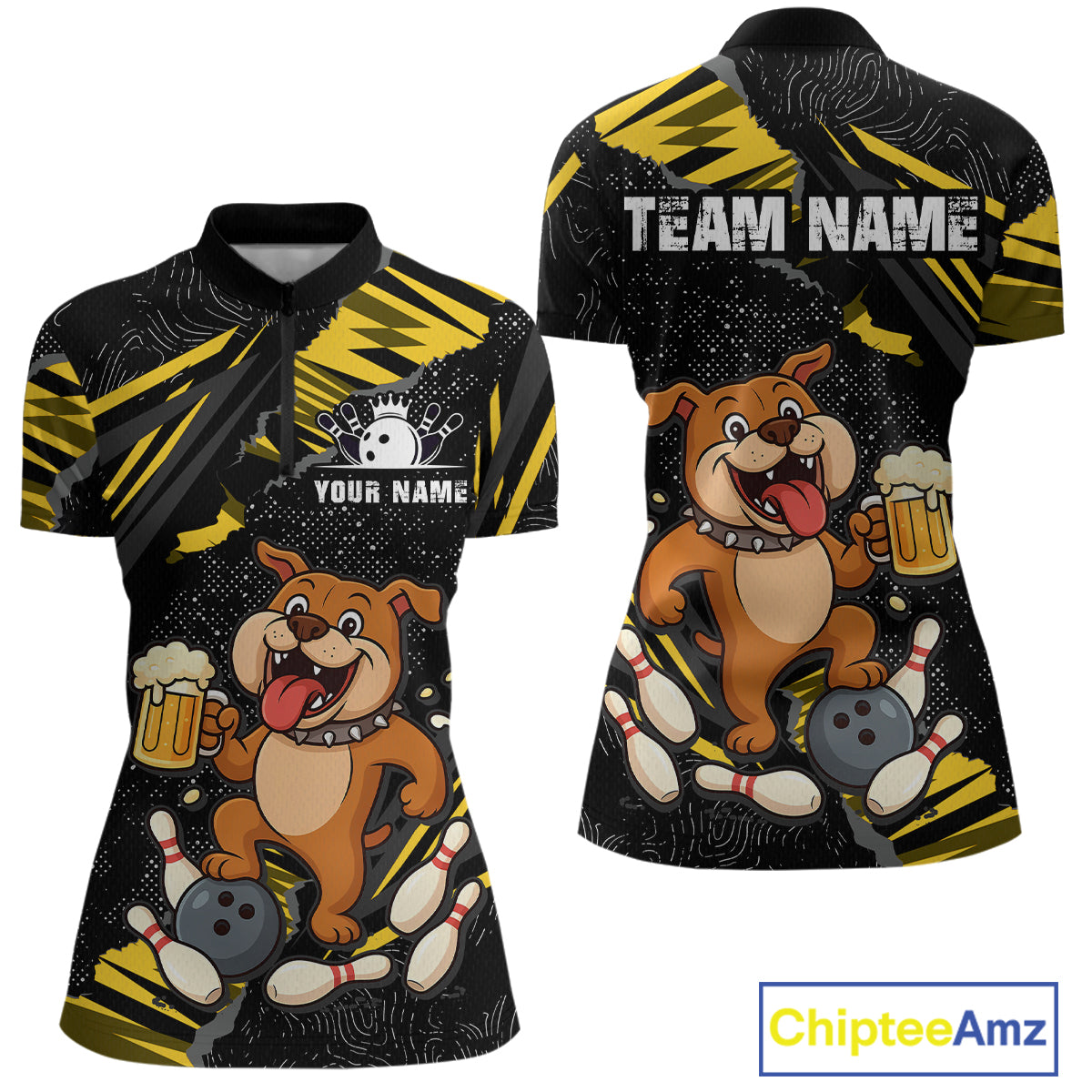 Front and back view custom black yellow bulldog bowling quarter-zip shirt featuring a playful cartoon mascot, bowling ball, beer mug and yellow paint splash pattern, displaying Your Name and Team Name