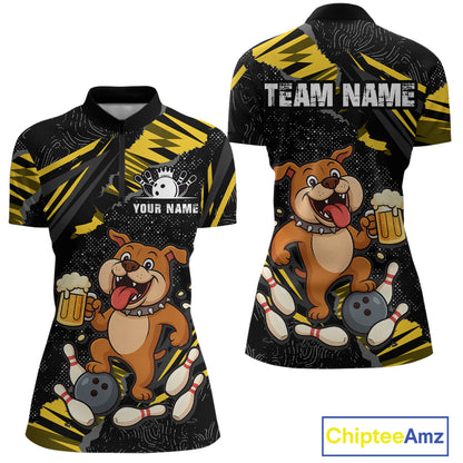 Front and back view custom black yellow bulldog bowling quarter-zip shirt featuring a playful cartoon mascot, bowling ball, beer mug and yellow paint splash pattern, displaying Your Name and Team Name