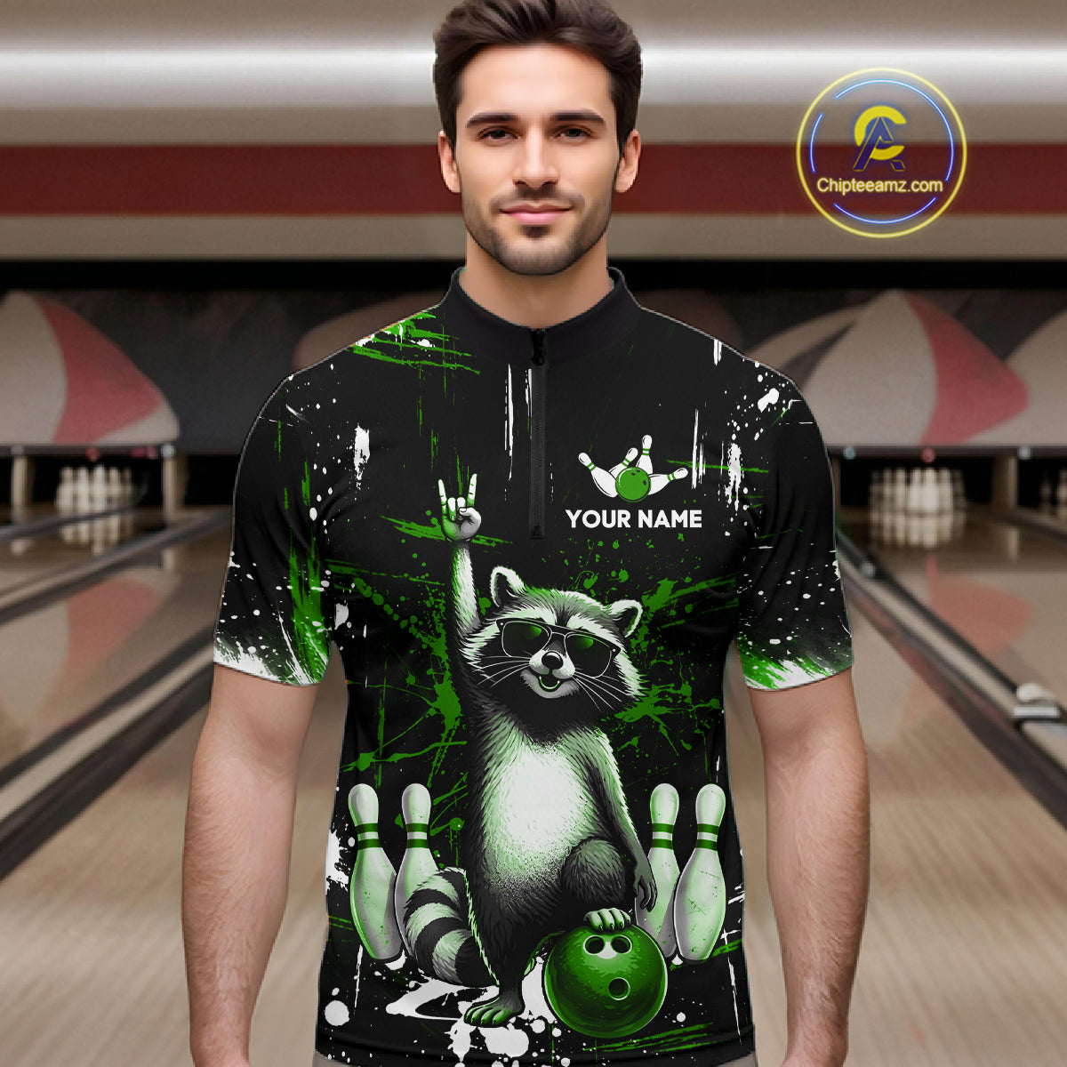 Custom Green Funny Raccoon Bowling Shirt for Men Bowling Jersey Polo & 1/4-Zip Bowling Outfit QZT892
