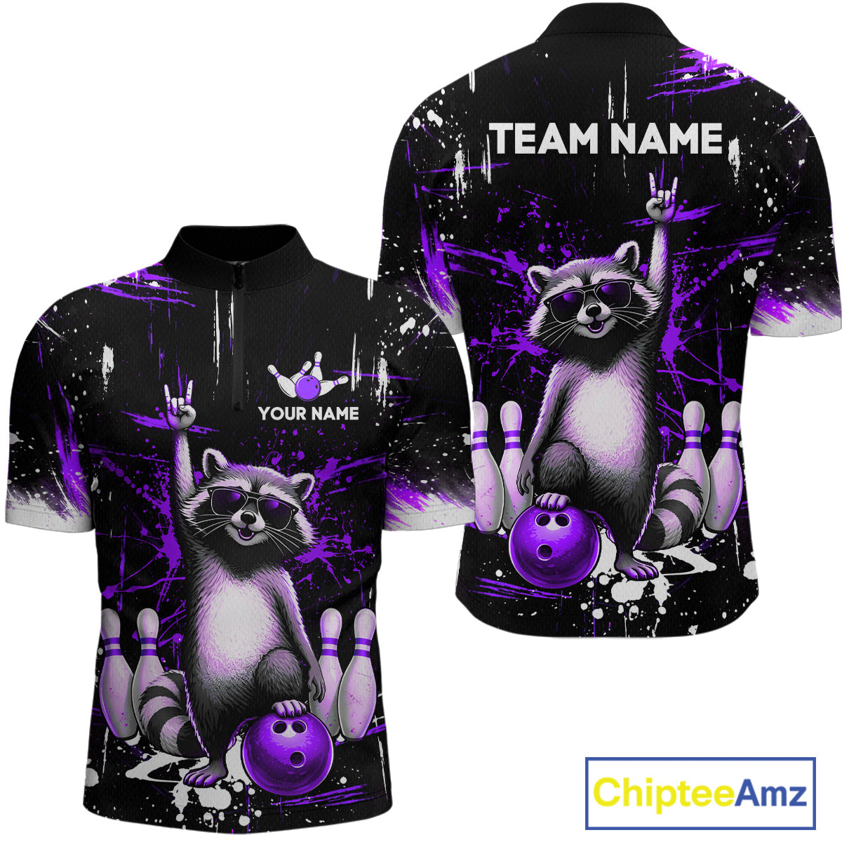 Custom Purple Funny Raccoon Bowling Shirt for Men Bowling Jersey Polo & 1/4-Zip Bowling Outfit QZT892