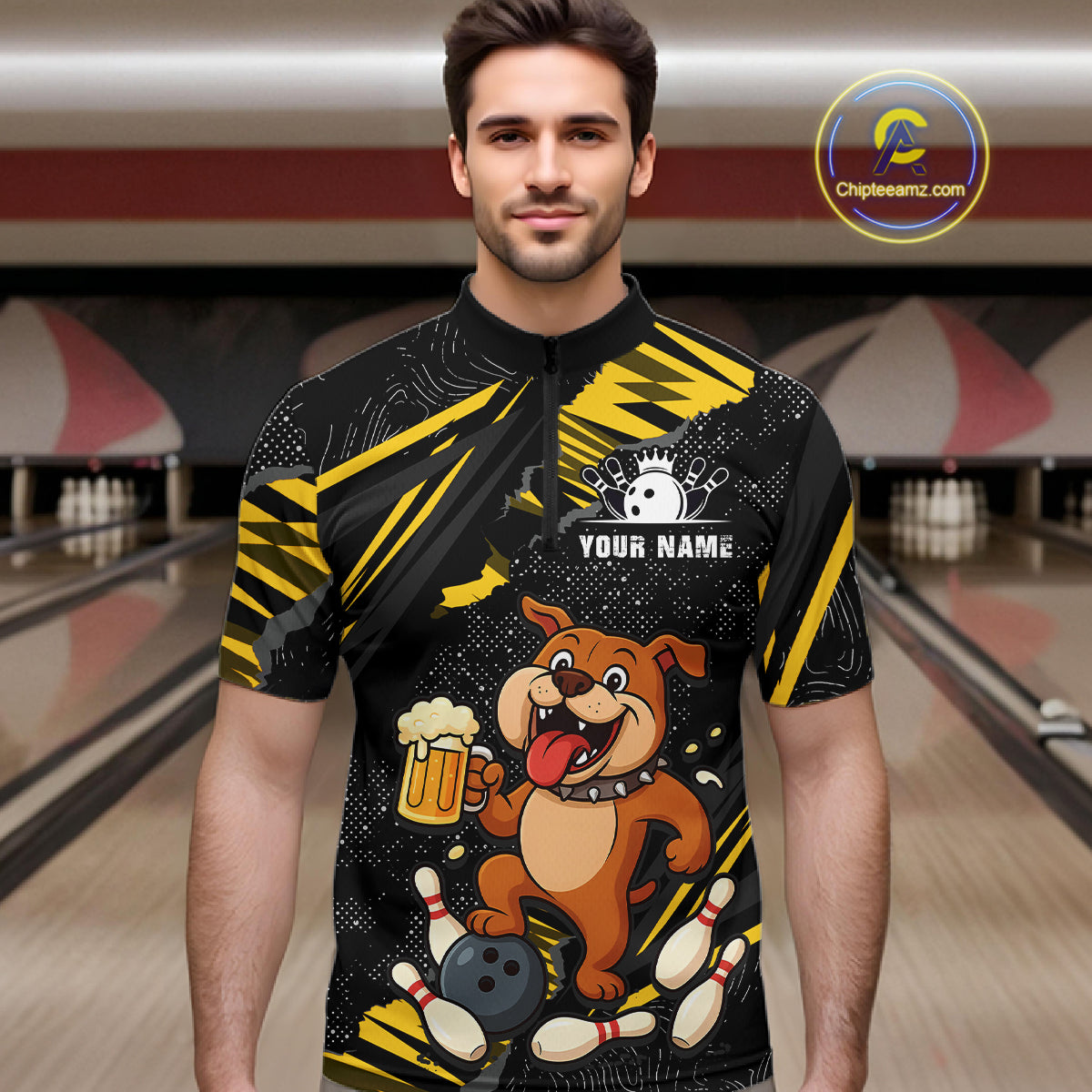 Man wearing custom black yellow bulldog bowling quarter-zip shirt front view featuring a bowling ball, beer mug and yellow paint splash pattern, displaying Team Name, at the bowling alley