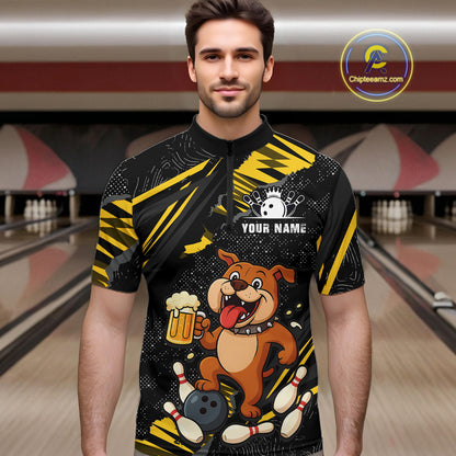Man wearing custom black yellow bulldog bowling quarter-zip shirt front view featuring a bowling ball, beer mug and yellow paint splash pattern, displaying Team Name, at the bowling alley