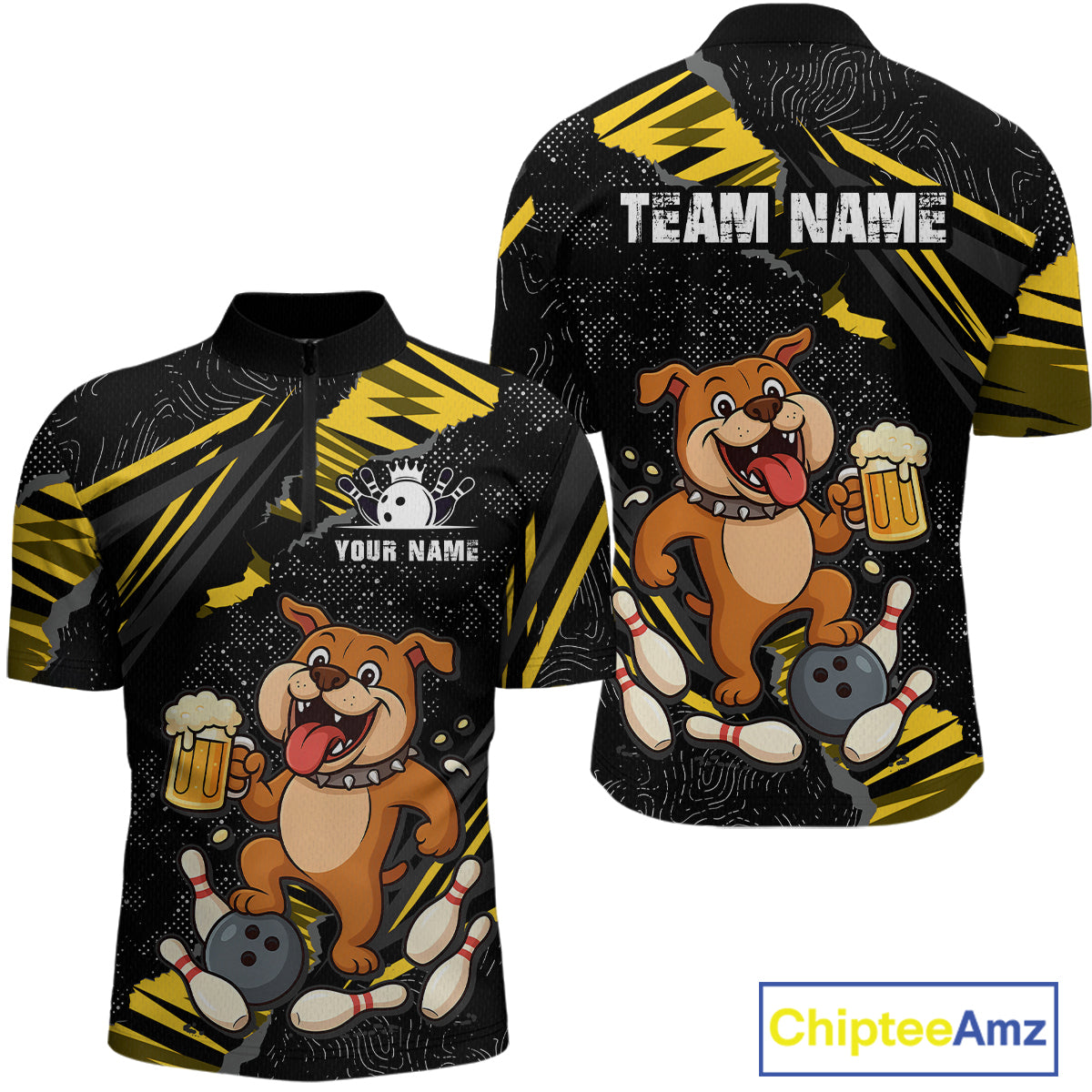 Front and back view custom black yellow bulldog bowling quarter-zip shirt featuring a playful cartoon mascot, bowling ball, beer mug and yellow paint splash pattern, displaying Your Name and Team Name