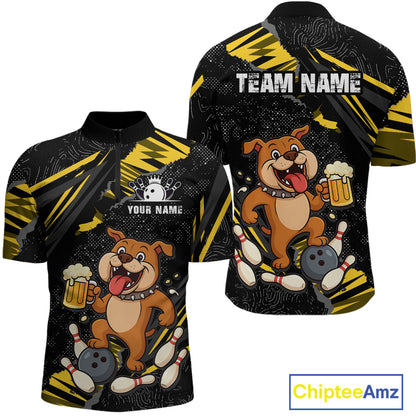 Front and back view custom black yellow bulldog bowling quarter-zip shirt featuring a playful cartoon mascot, bowling ball, beer mug and yellow paint splash pattern, displaying Your Name and Team Name