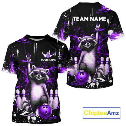 Black and purple t-shirt with purple raccoon design and customizable text, featuring the brand 'ChipteeAmz'.