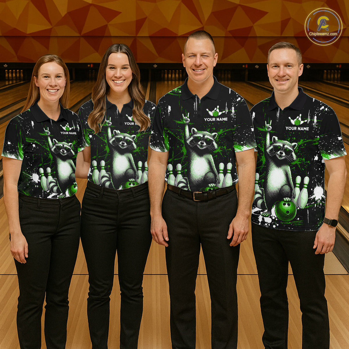 Custom Green Funny Raccoon Bowling Shirt for Men Bowling Jersey Polo & 1/4-Zip Bowling Outfit QZT892