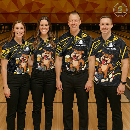 Group of four wearing custom black yellow bulldog bowling shirts front view featuring a playful cartoon mascot, bowling ball and beer mug at the bowling alley