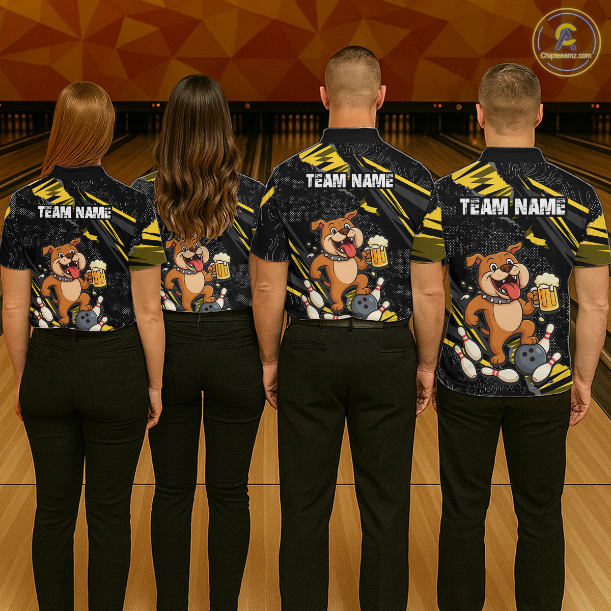 Group of four wearing custom black yellow bulldog bowling shirts back view featuring a bowling ball, beer mug and yellow paint splash pattern, displaying Team Name, at the bowling alley