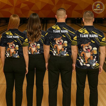 Group of four wearing custom black yellow bulldog bowling shirts back view featuring a bowling ball, beer mug and yellow paint splash pattern, displaying Team Name, at the bowling alley