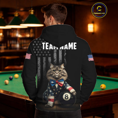 Custom American Flag Funny Cat Billiard Shirt for Men 8 Ball Pool Shirt Polo & 1/4 Zip Billiard Jersey BHT20