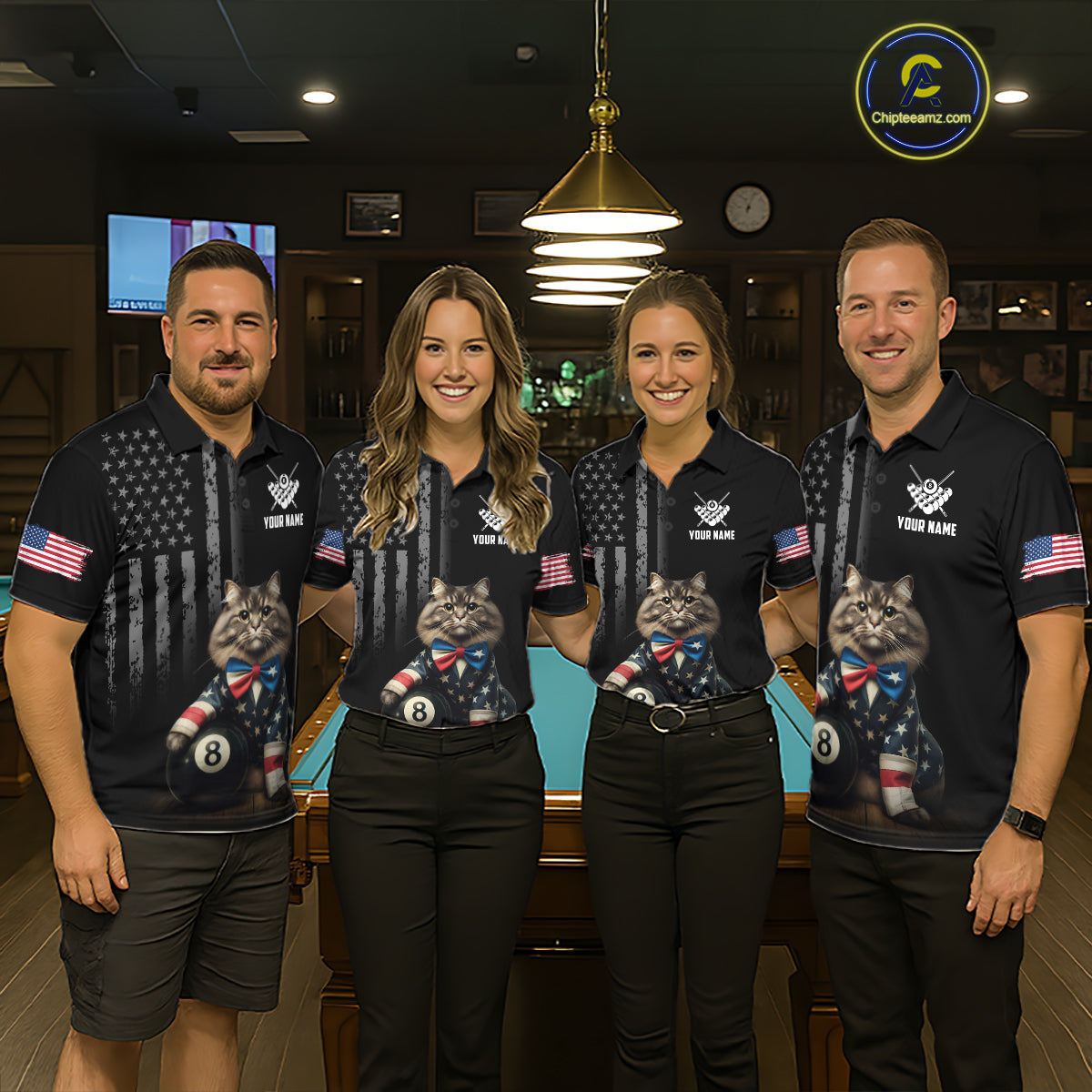 Custom American Flag Funny Cat Billiard Shirt for Women 8 Ball Pool Shirt Polo & 1/4 Zip Billiard Jersey BHT20