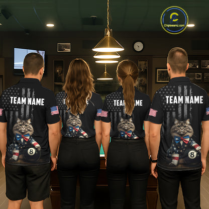 Custom American Flag Funny Cat Billiard Shirt for Women 8 Ball Pool Shirt Polo & 1/4 Zip Billiard Jersey BHT20