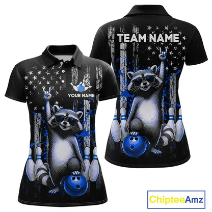 two views of american flag polo shirt with raccoon design and customizable text on a white background