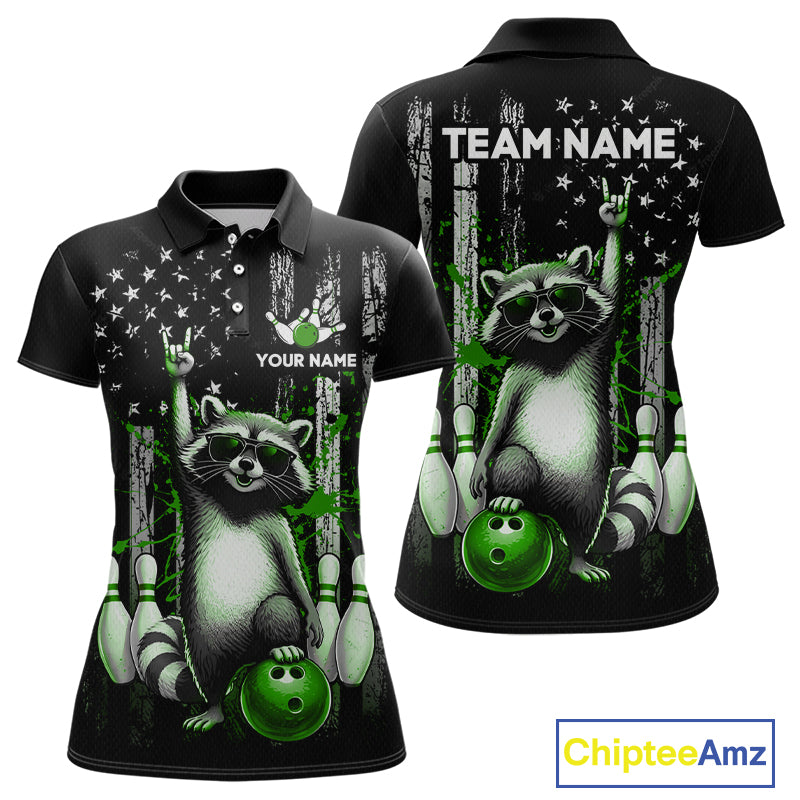 Two views of american flag polo shirt with raccoon design and customizable text on a white background
