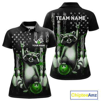 Two views of american flag polo shirt with raccoon design and customizable text on a white background