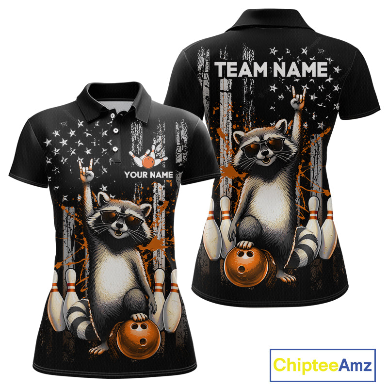 Two views of american flag polo shirt with raccoon design and customizable text on a white background