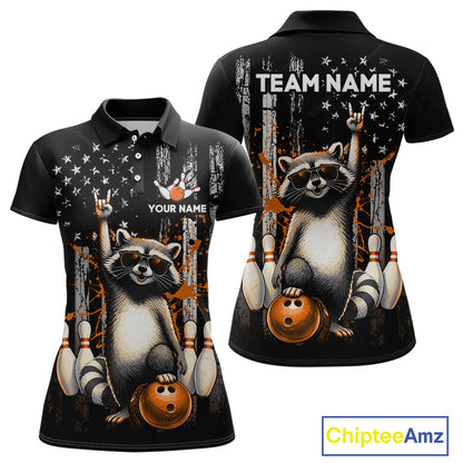 Two views of american flag polo shirt with raccoon design and customizable text on a white background