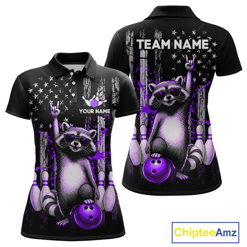 Two views of American flag polo shirt with raccoon design and customizable text on a white background