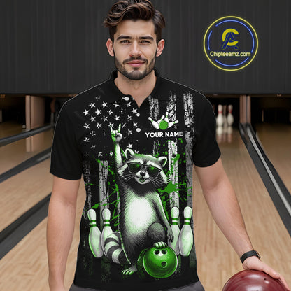Man wearing a black shirt with a raccoon design in a bowling alley