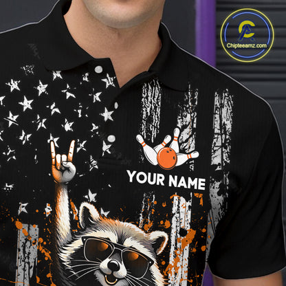 Black polo shirt with a raccoon graphic and customizable text on a dark background