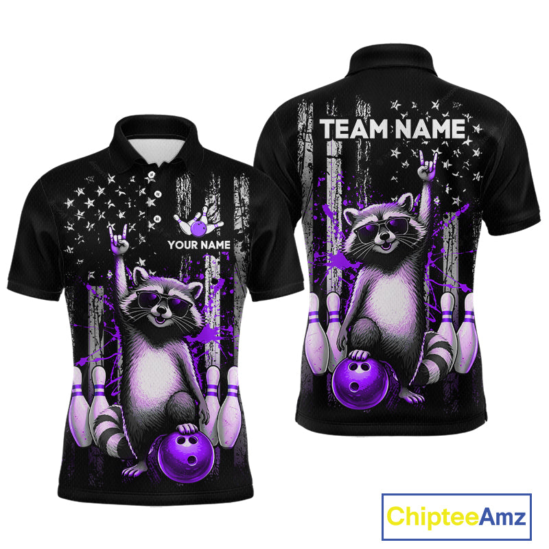 Two views of American flag polo shirt with raccoon design and customizable text on a white background