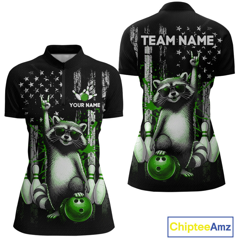 Two views of american flag quarter-zip jersey with raccoon design and customizable text on a white background