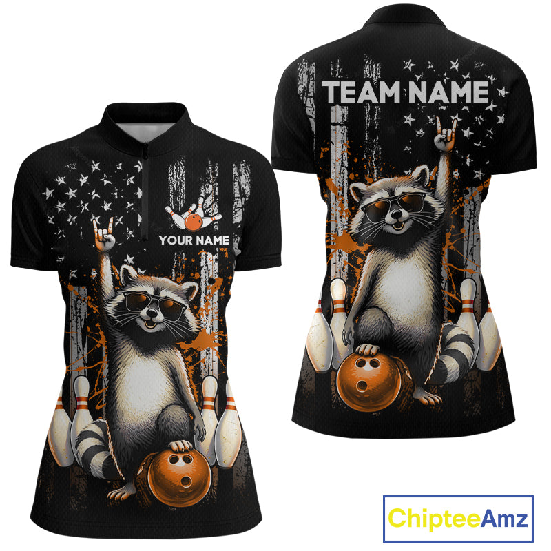 Two views of american flag quarter-zip shirt with raccoon design and customizable text on a white background