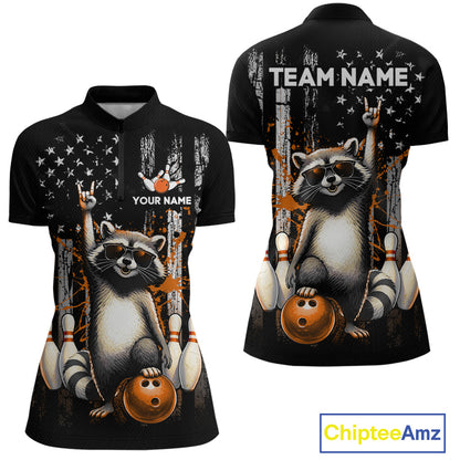 Two views of american flag quarter-zip shirt with raccoon design and customizable text on a white background
