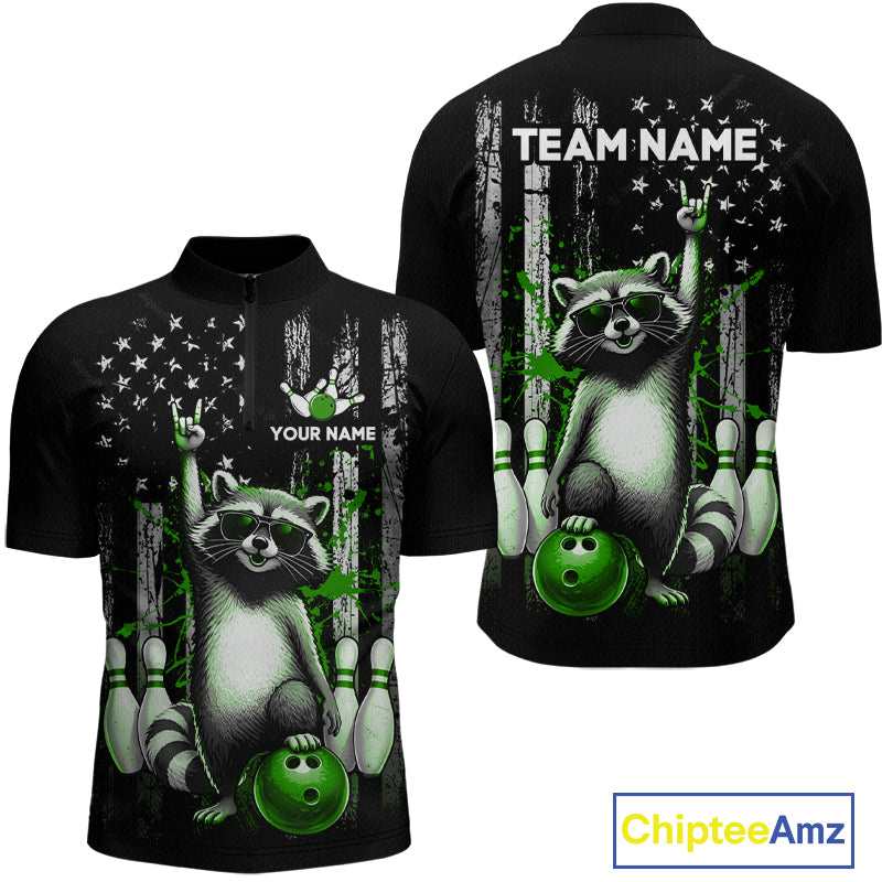 Two views of american flag quarter-zip jersey with raccoon design and customizable text on a white background