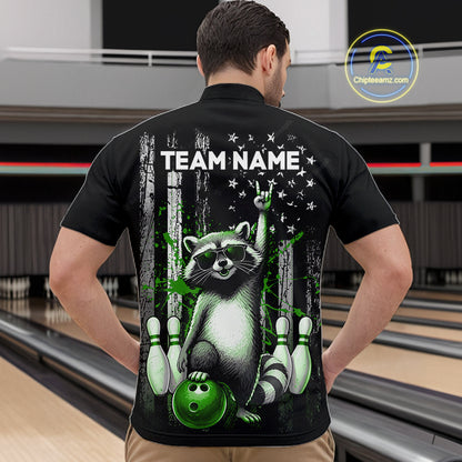 Person wearing a black shirt with a raccoon graphic and 'TEAM NAME' text in a bowling alley.