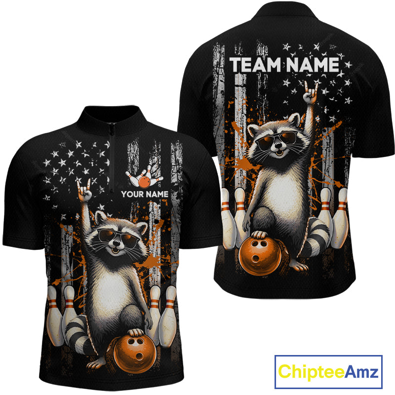 Two views of american flag shirt with raccoon design and customizable text on a white background