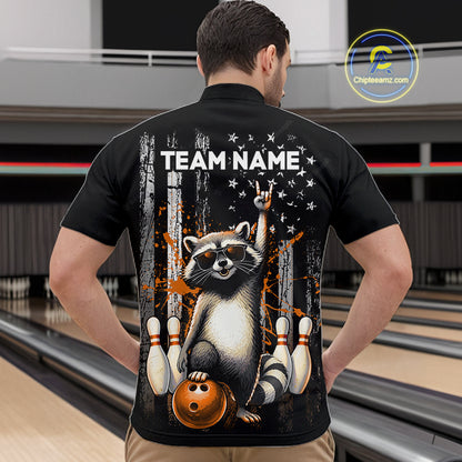 Person wearing a black shirt with a raccoon graphic and 'TEAM NAME' text in a bowling alley.