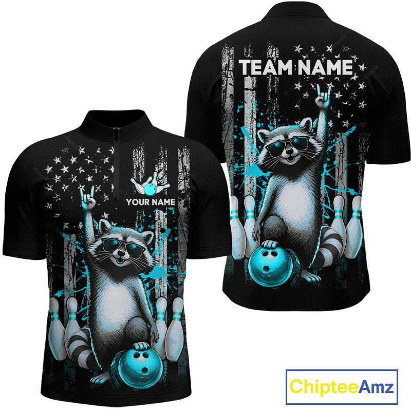Two views of American flag quarter-zip shirt with raccoon design and customizable text on a white background