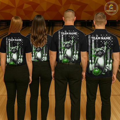 Four people wearing black shirts with a raccoon graphic and 'Team Name' text on a bowling alley background.