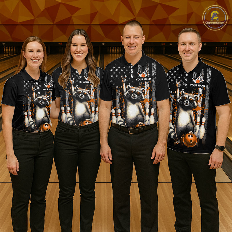 Four people wearing matching black shirts with a raccoon graphic on a bowling alley background