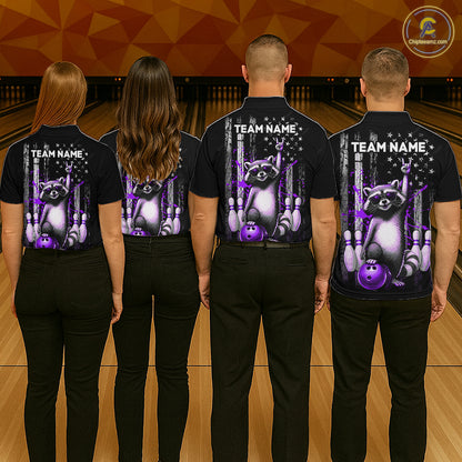 Four people wearing black shirts with a raccoon graphic and 'Team Name' text on a bowling alley background.