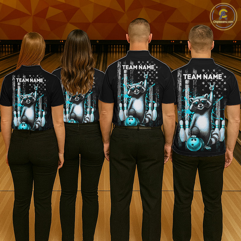 Four people wearing black shirts with raccoon graphics and 'Team Name' text on a bowling alley background.