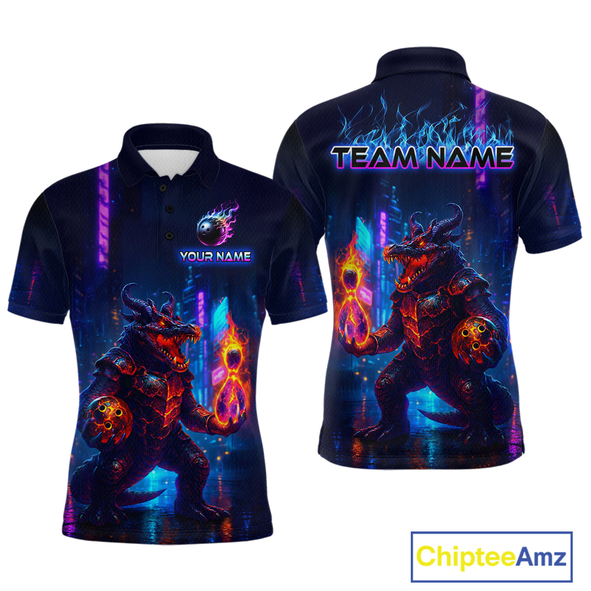 Front and back view custom navy alligator bowling polo shirt featuring a fiery reptile, glowing bowling ball and neon blue purple pattern, displaying Your Name and Team Name