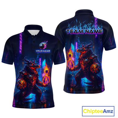 Front and back view custom navy alligator bowling polo shirt featuring a fiery reptile, glowing bowling ball and neon blue purple pattern, displaying Your Name and Team Name