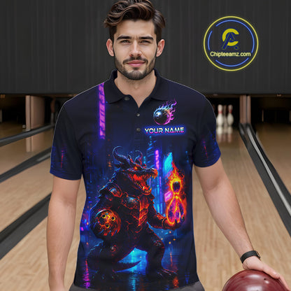 Man wearing custom navy alligator bowling polo shirt front view featuring a glowing bowling ball and neon blue purple artwork, displaying Your Name, at the bowling alley