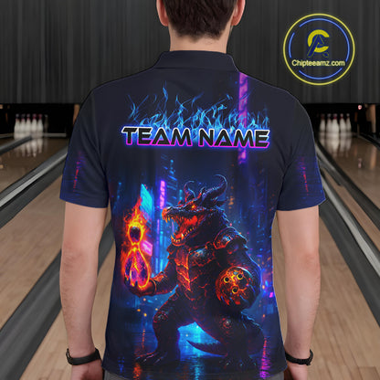 Man wearing custom navy alligator bowling polo shirt back view featuring a glowing bowling ball and neon blue purple artwork, displaying Team Name, at the bowling alley
