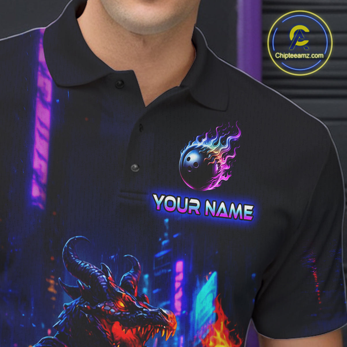 Close-up front view of custom navy alligator bowling polo shirt showing Your Name, fiery reptile graphic and neon blue purple pattern