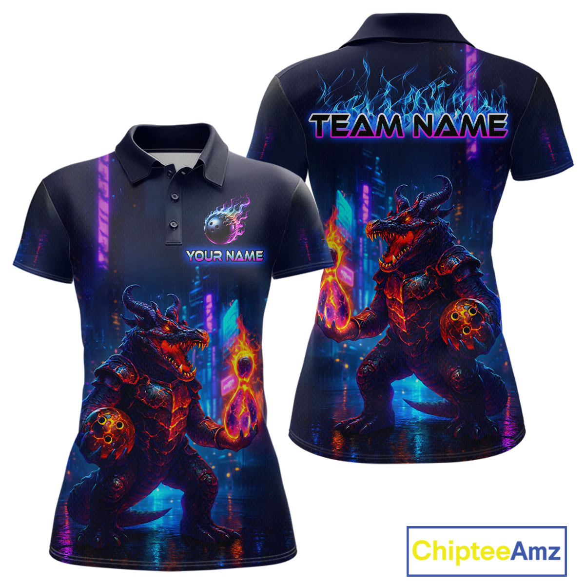 Front and back view custom navy alligator bowling polo shirt featuring a fiery reptile, glowing bowling ball and neon blue purple pattern, displaying Your Name and Team Name