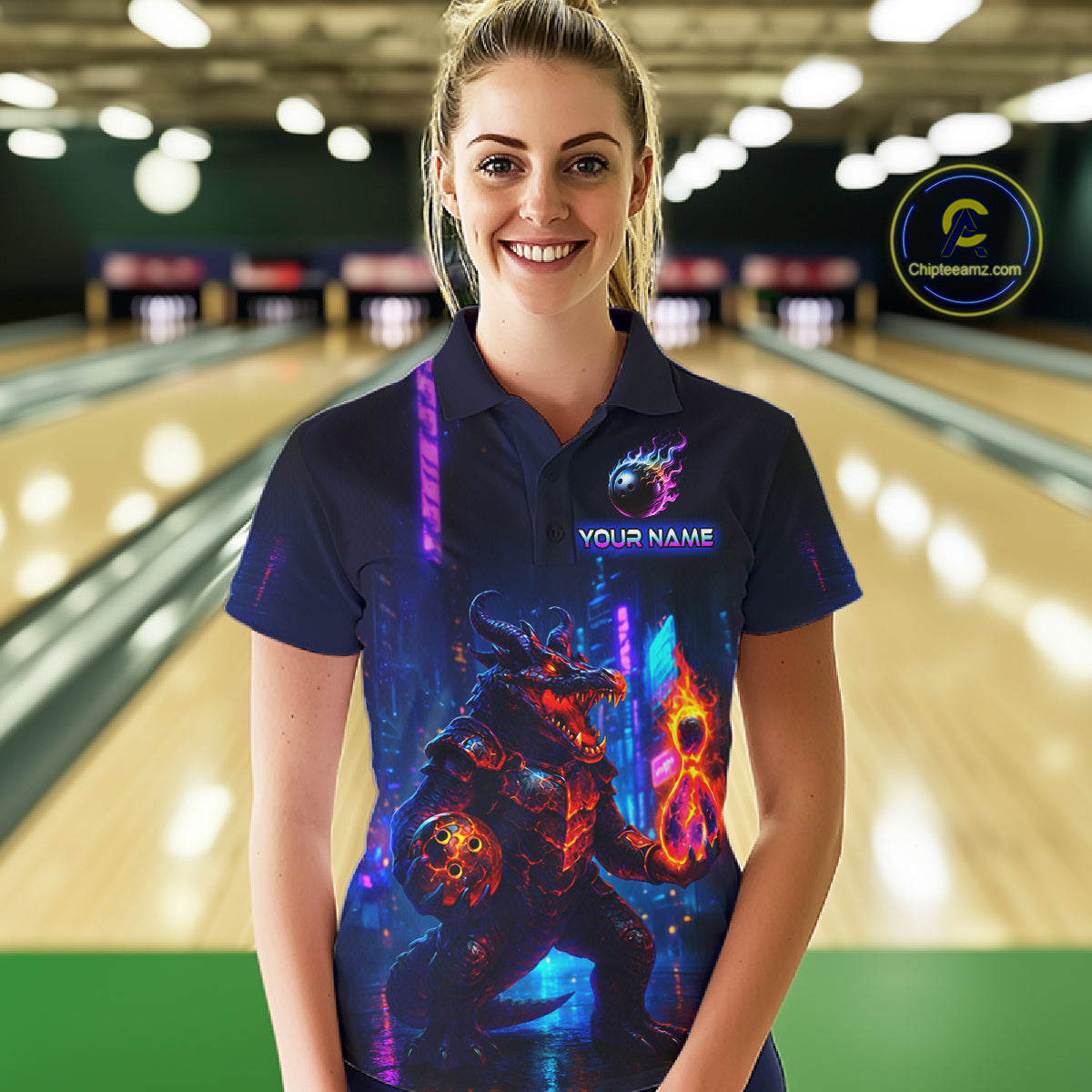 Woman wearing custom navy alligator bowling polo shirt front view featuring a glowing bowling ball and neon blue purple artwork, displaying Your Name, at the bowling alley