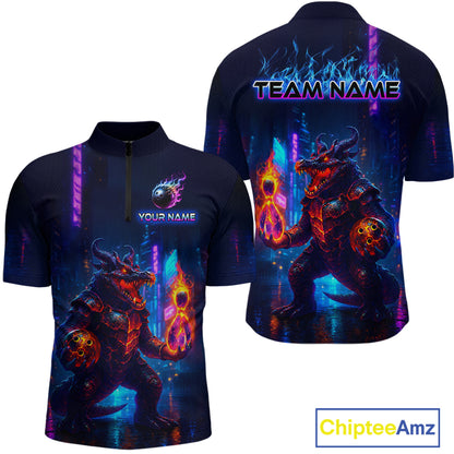 Front and back view custom navy alligator bowling quarter-zip shirt featuring a fiery reptile, glowing bowling ball and neon blue purple pattern, displaying Your Name and Team Name