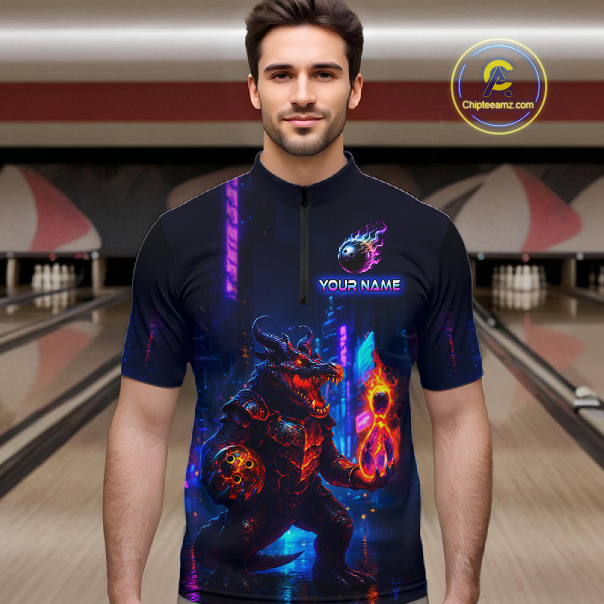 Man wearing custom navy alligator bowling quarter-zip shirt front view featuring a glowing bowling ball and neon blue purple artwork, displaying Your Name, at the bowling alley