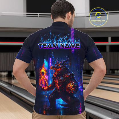 Man wearing custom navy alligator bowling quarter-zip shirt back view featuring a glowing bowling ball and neon blue purple artwork, displaying Team Name, at the bowling alley