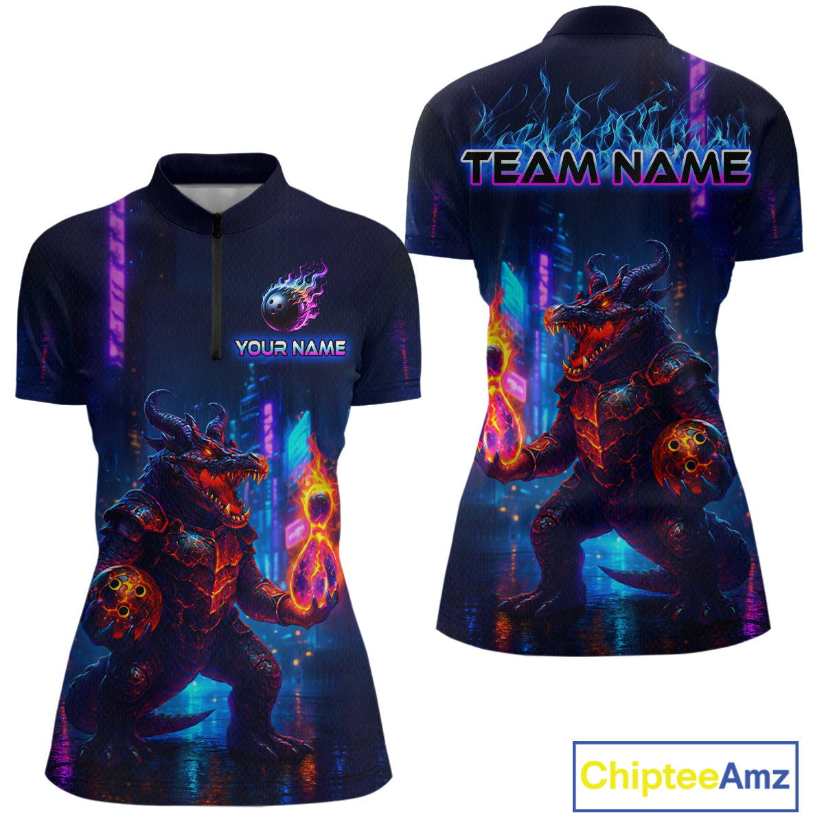 Front and back view custom navy alligator bowling quarter-zip shirt featuring a fiery reptile, glowing bowling ball and neon blue purple pattern, displaying Your Name and Team Name