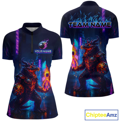 Front and back view custom navy alligator bowling quarter-zip shirt featuring a fiery reptile, glowing bowling ball and neon blue purple pattern, displaying Your Name and Team Name